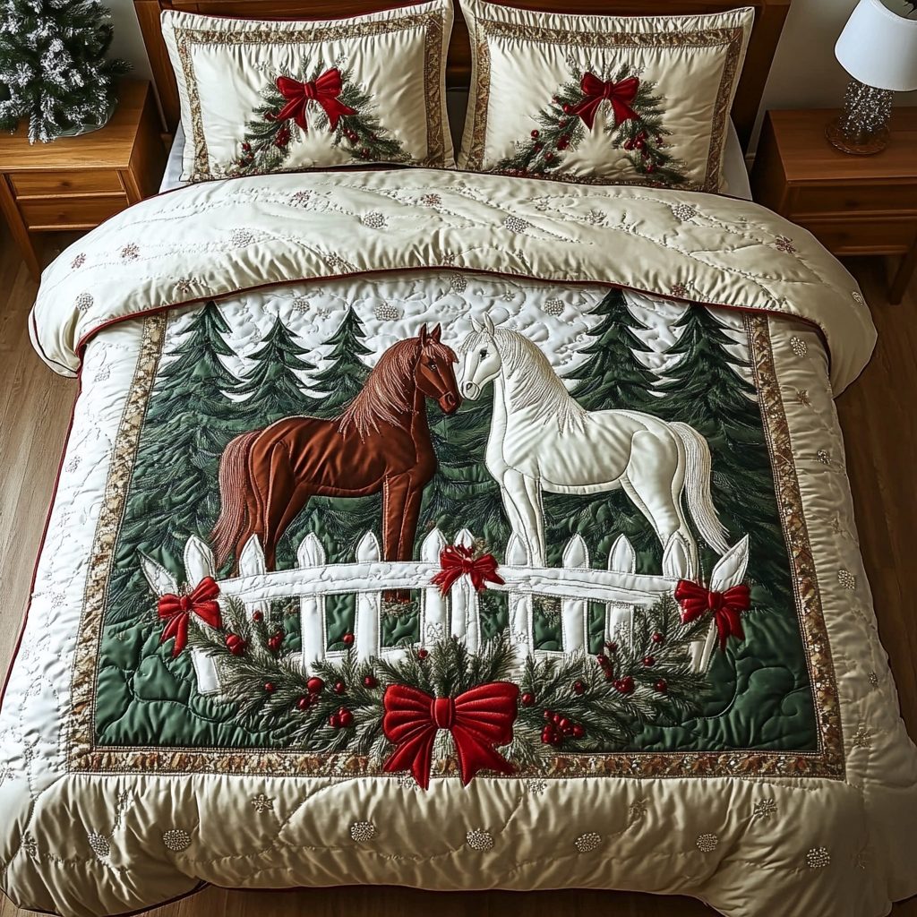 Holiday Horses quilted 3-piece bedding set on a made bed in a winter-styled bedroom