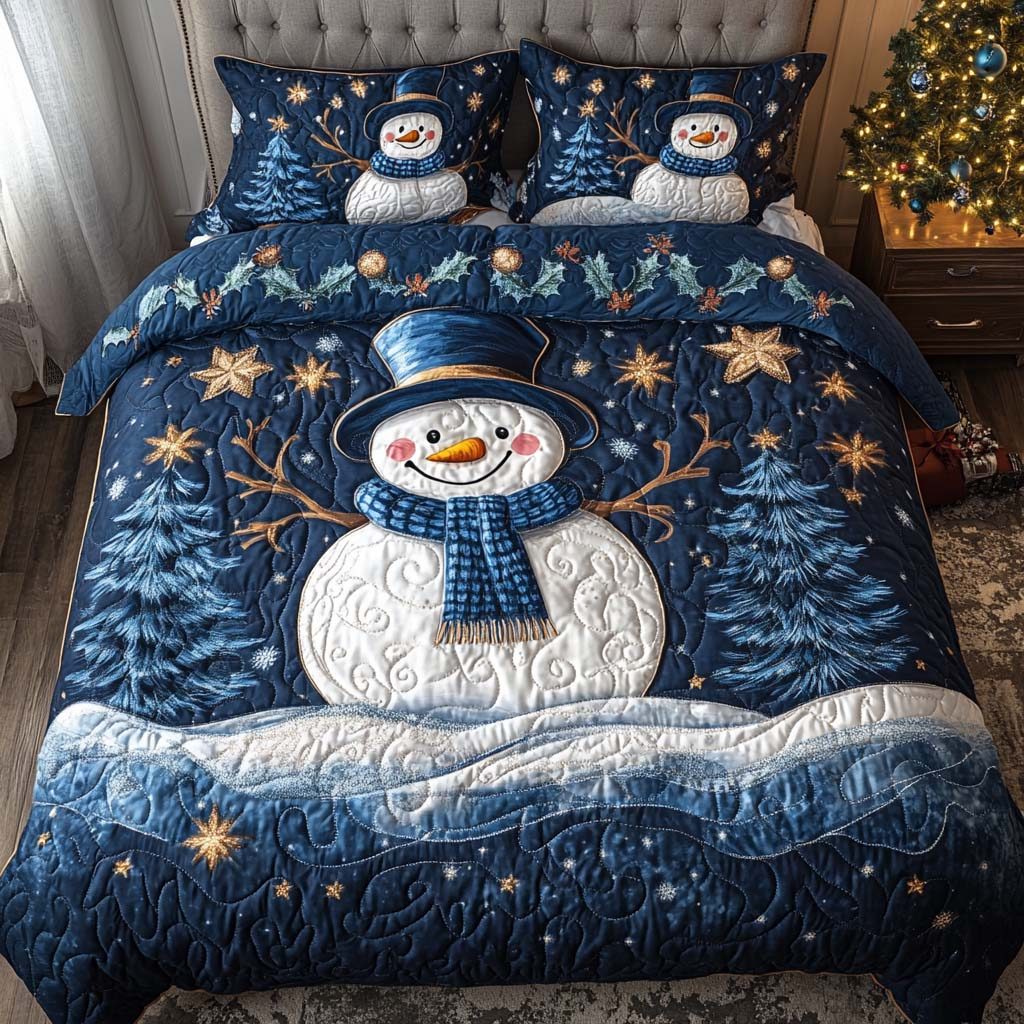 Holiday Joy quilted 3-piece bedding set on a made bed in a winter-styled bedroom