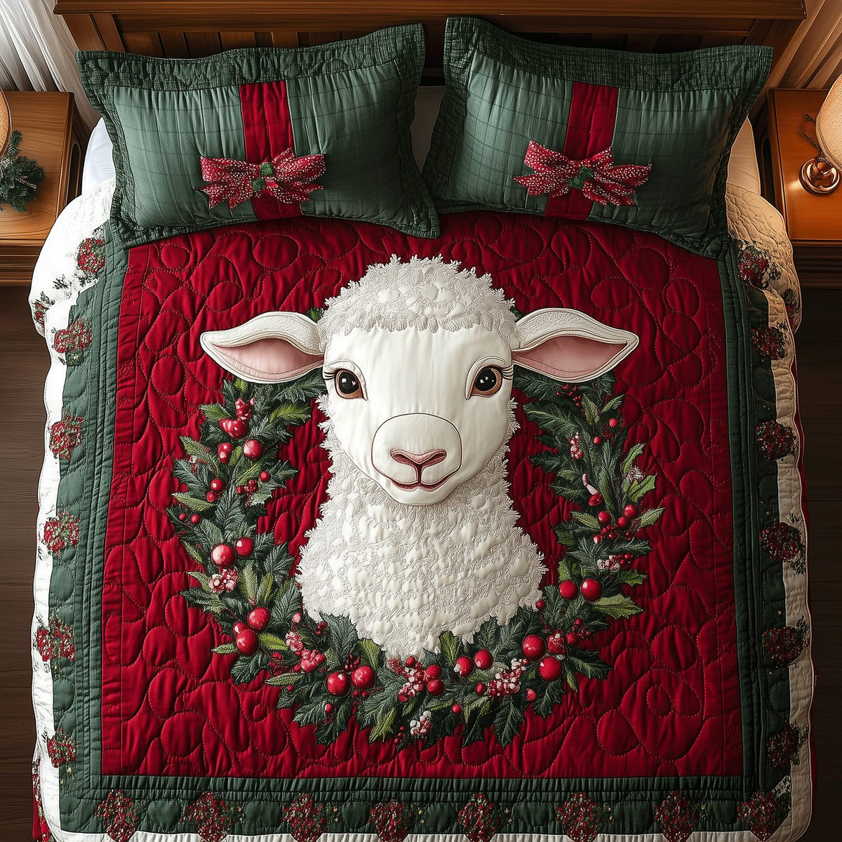 Holiday Lamb Nest quilted 3-piece bedding set on a made bed in a winter-styled bedroom