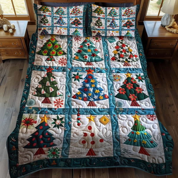 Holiday Lantern quilted 3-piece bedding set on a made bed in a winter-styled bedroom