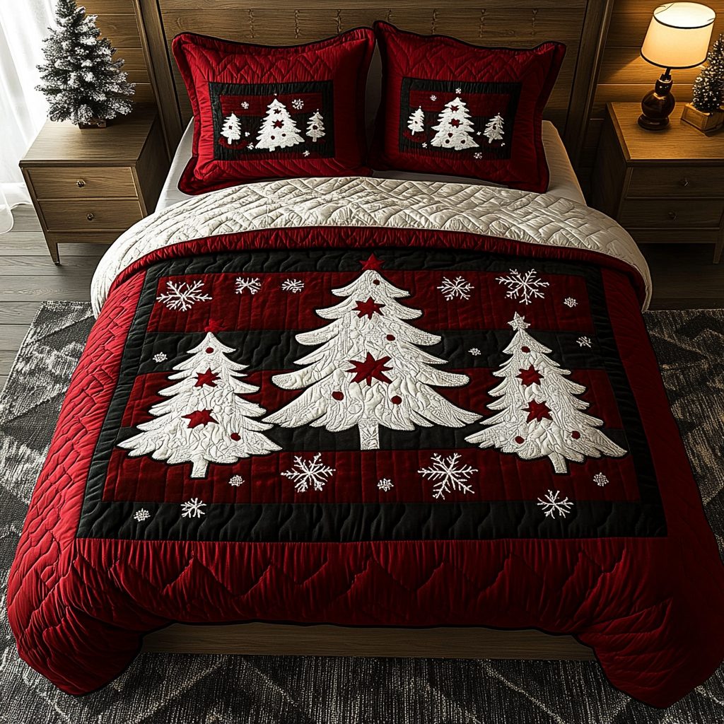 Holiday Magic quilted 3-piece bedding set on a made bed in a winter-styled bedroom