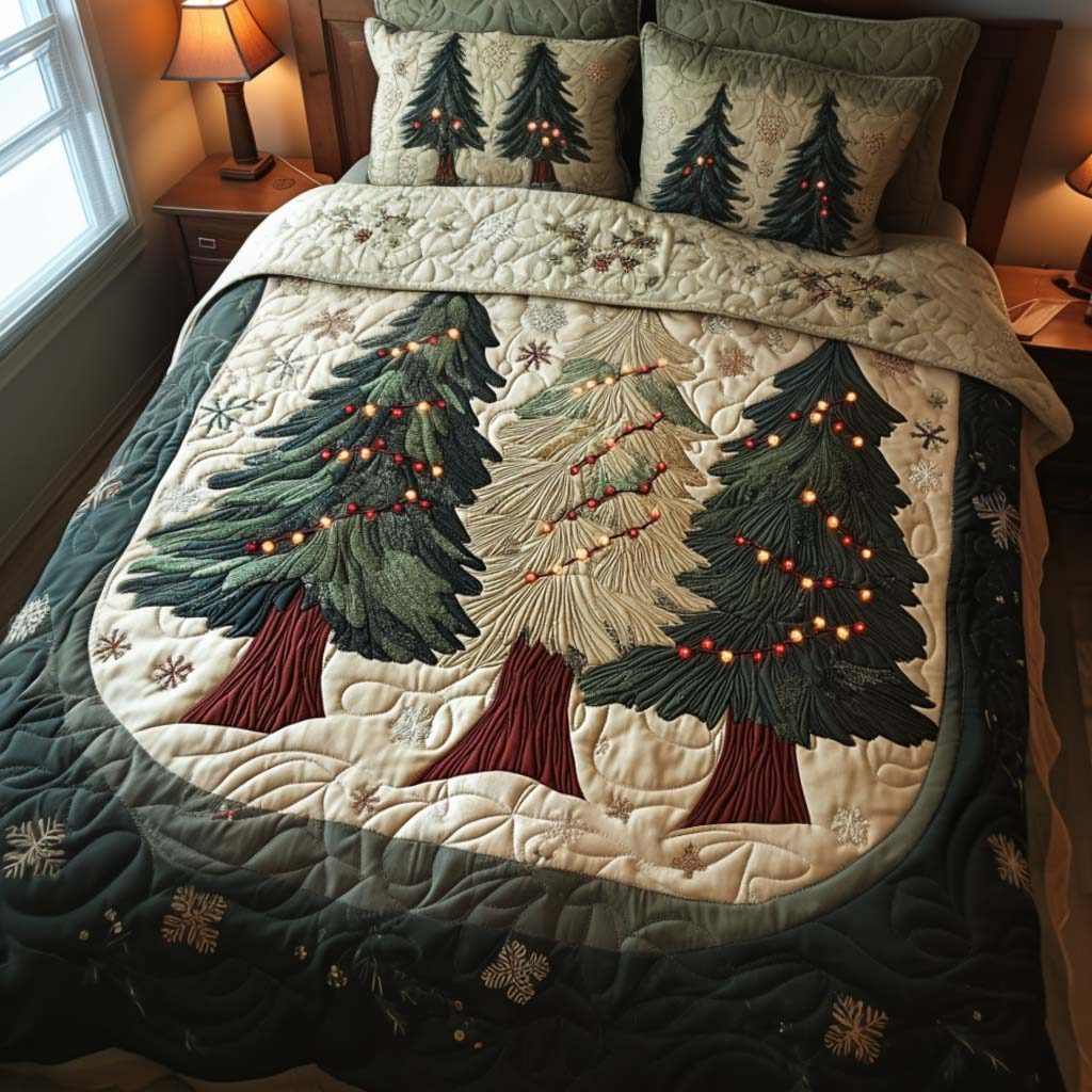 Holiday Magic quilted 3-piece bedding set on a made bed in a winter-styled bedroom