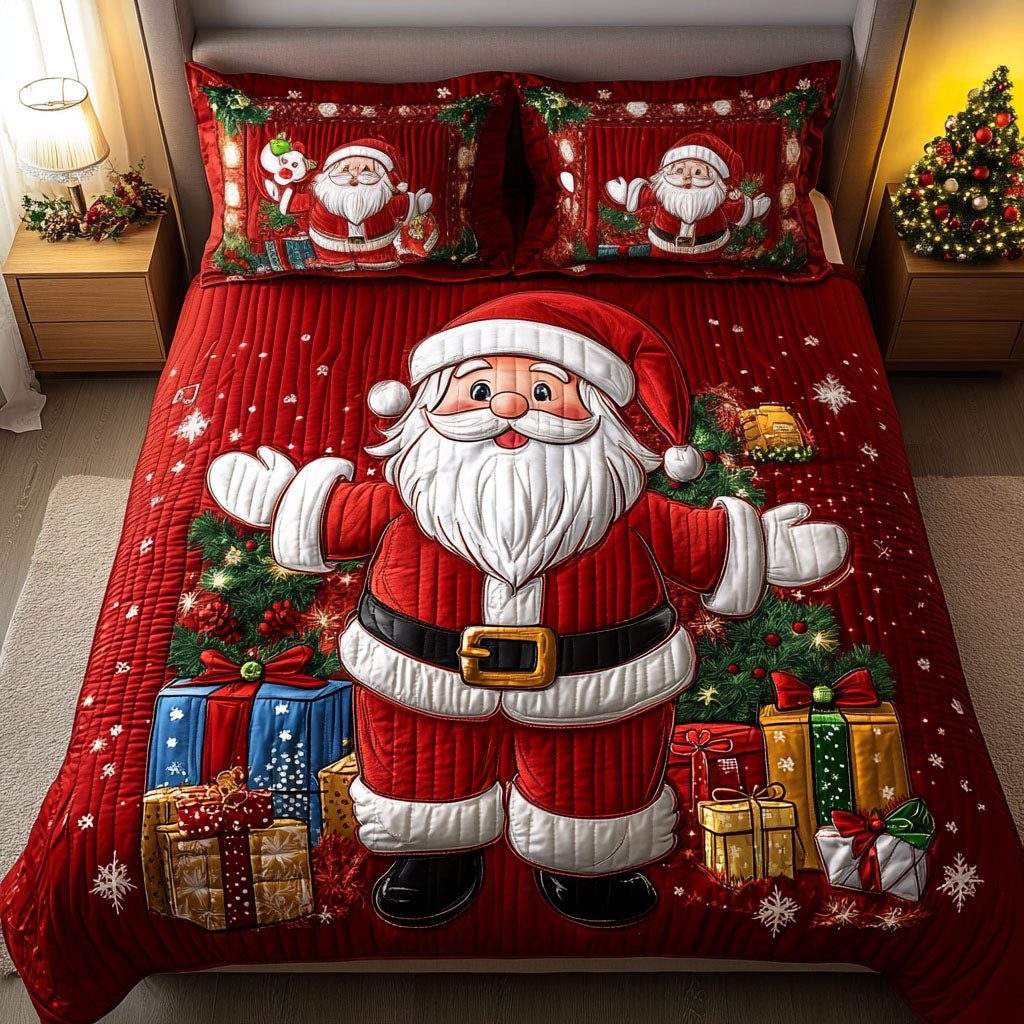 Holiday Magic quilted 3-piece bedding set on a made bed in a winter-styled bedroom