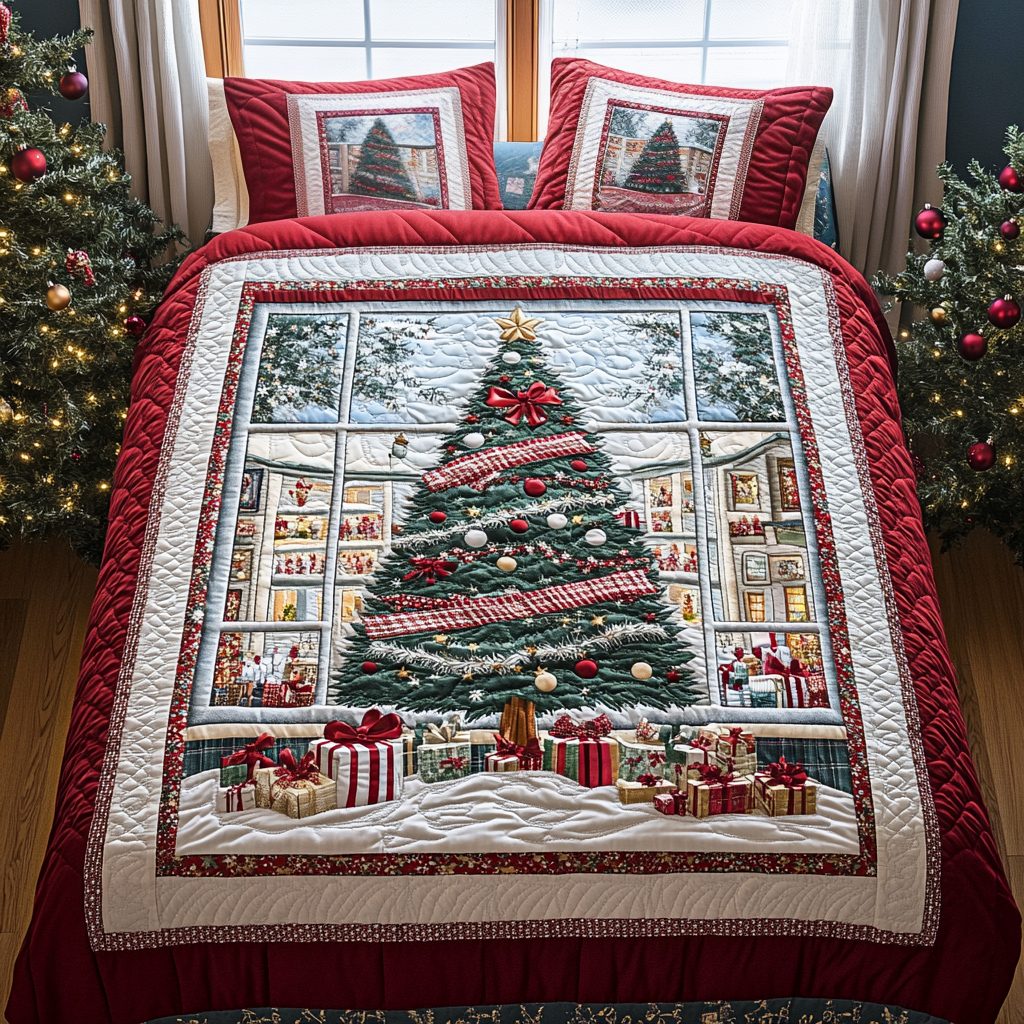 Holiday Magic quilted 3-piece bedding set on a made bed in a winter-styled bedroom