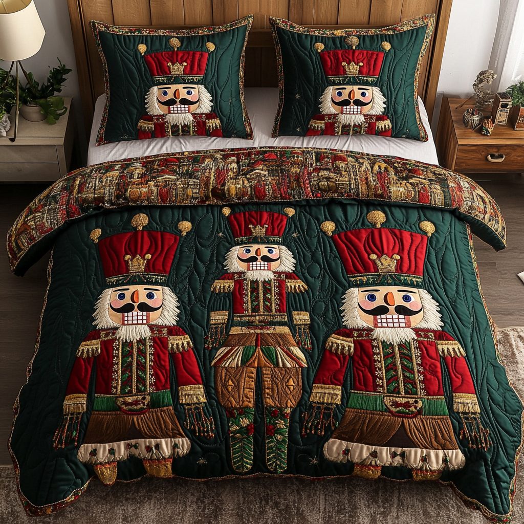 Holiday Nutcracker Charm quilted 3-piece bedding set on a made bed in a winter-styled bedroom