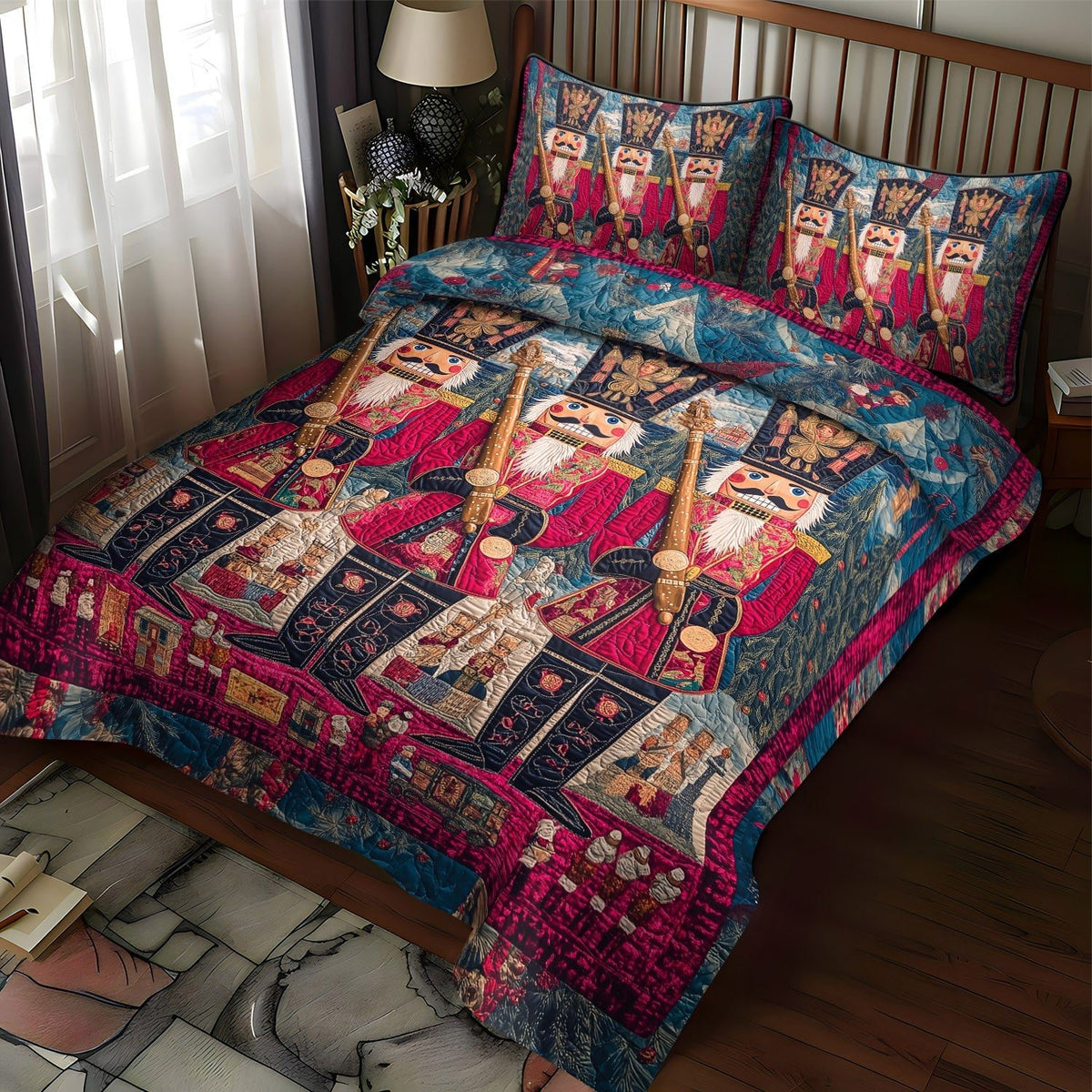 Holiday Nutcracker quilted 3-piece bedding set on a made bed in a winter-styled bedroom