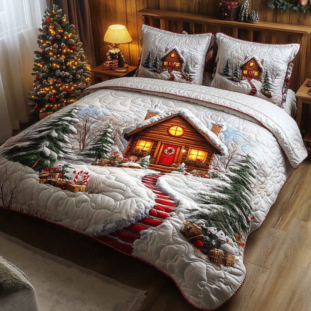 Holiday Path quilted 3-piece bedding set on a made bed in a winter-styled bedroom