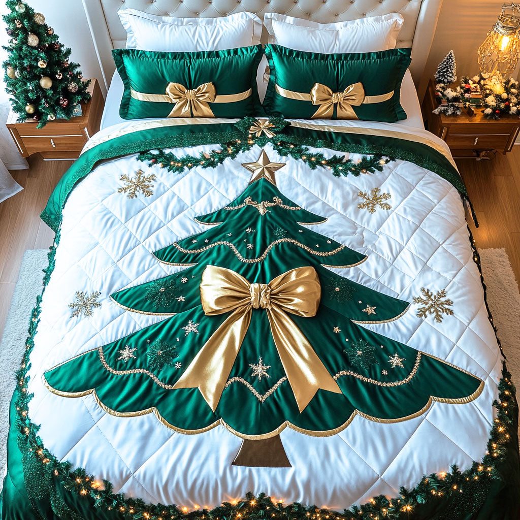 Holiday Pine quilted 3-piece bedding set on a made bed in a winter-styled bedroom