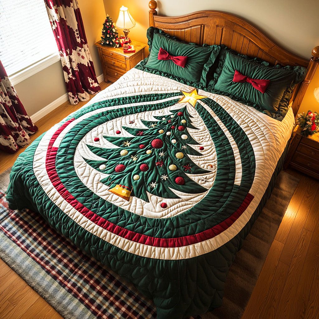 Holiday Pine quilted 3-piece bedding set on a made bed in a winter-styled bedroom
