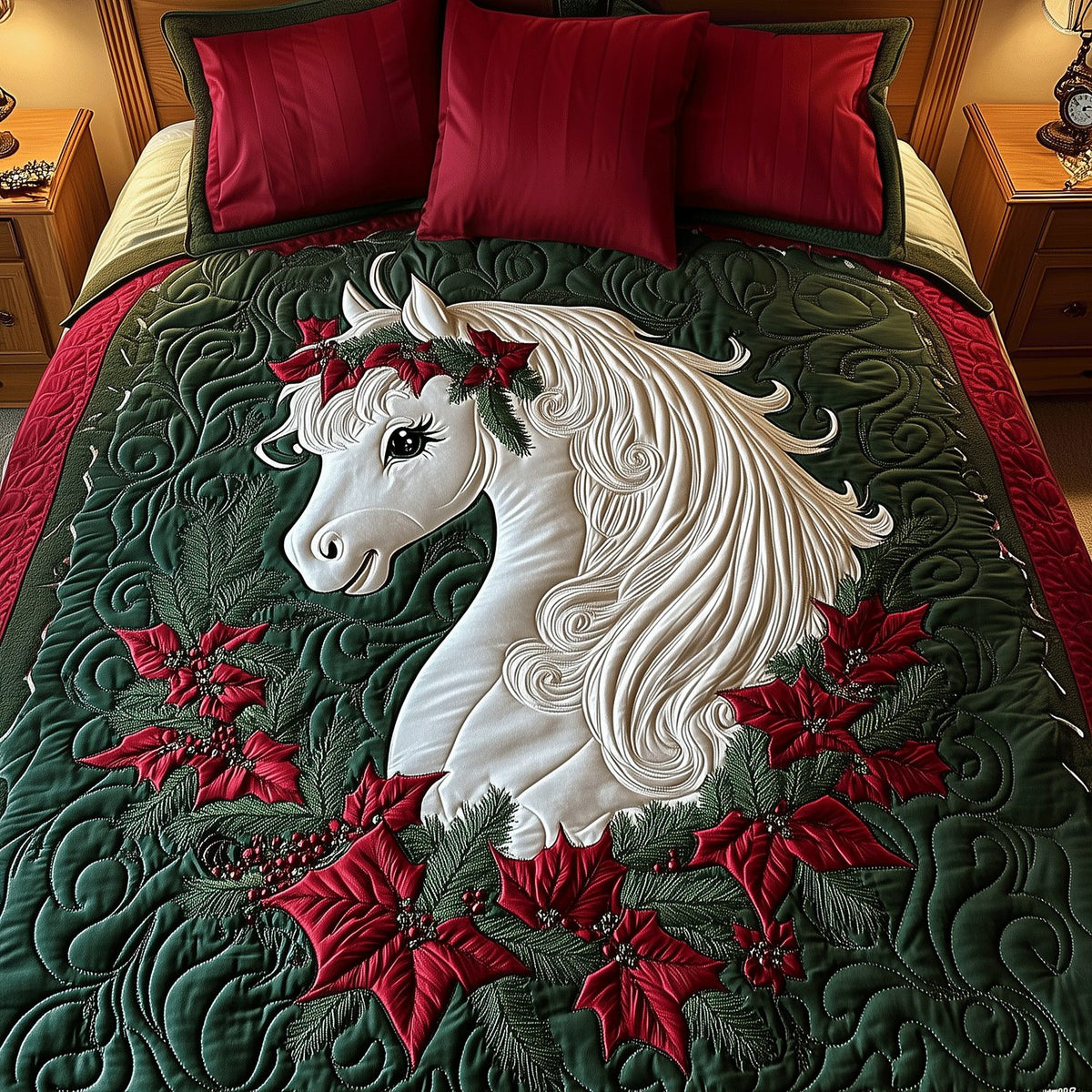 Holiday Pony Delight quilted 3-piece bedding set on a made bed in a winter-styled bedroom