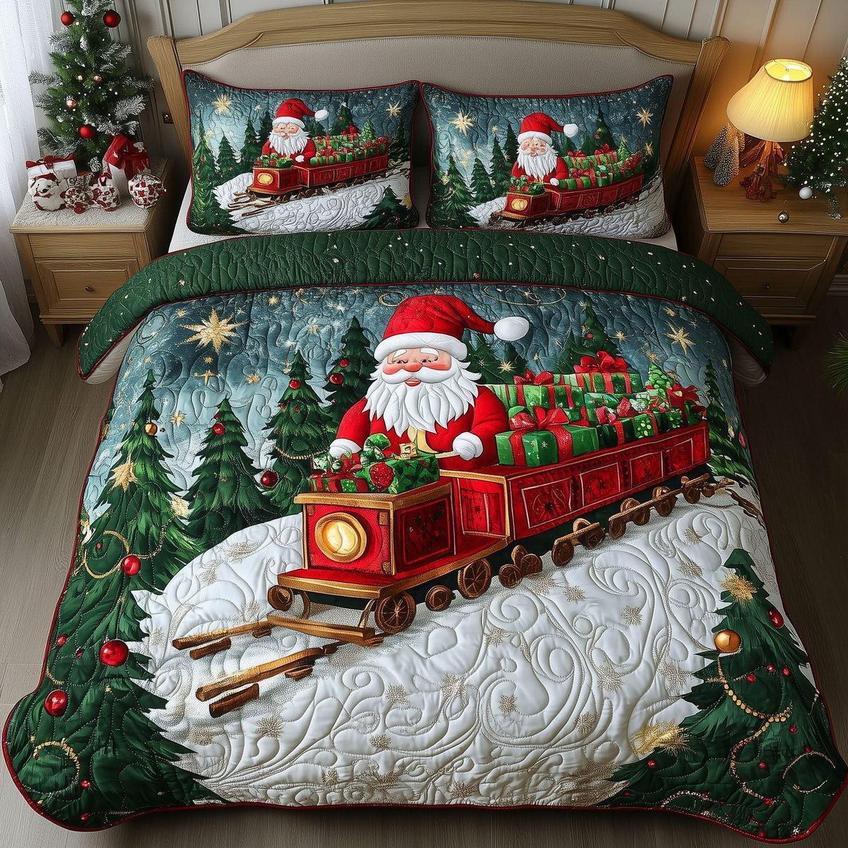 Holiday Railways quilted 3-piece bedding set on a made bed in a winter-styled bedroom