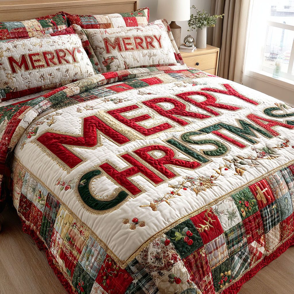 Holiday Sparkle quilted 3-piece bedding set on a made bed in a winter-styled bedroom
