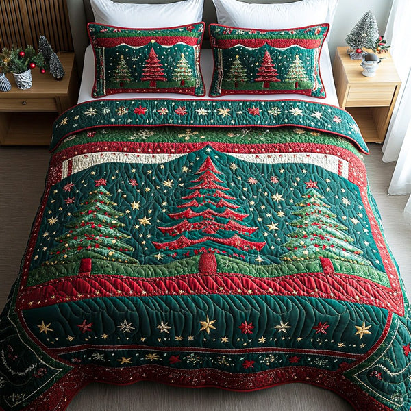 Holiday Spruce quilted 3-piece bedding set on a made bed in a winter-styled bedroom