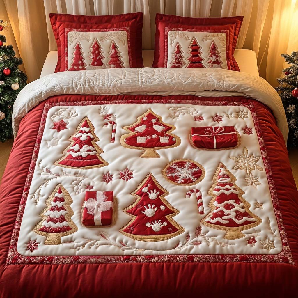 Holiday Tree Magic quilted 3-piece bedding set on a made bed in a winter-styled bedroom