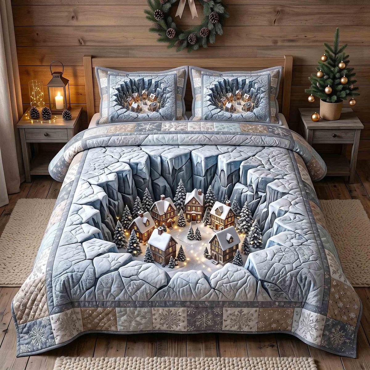 Holiday Village quilted 3-piece bedding set on a made bed in a winter-styled bedroom