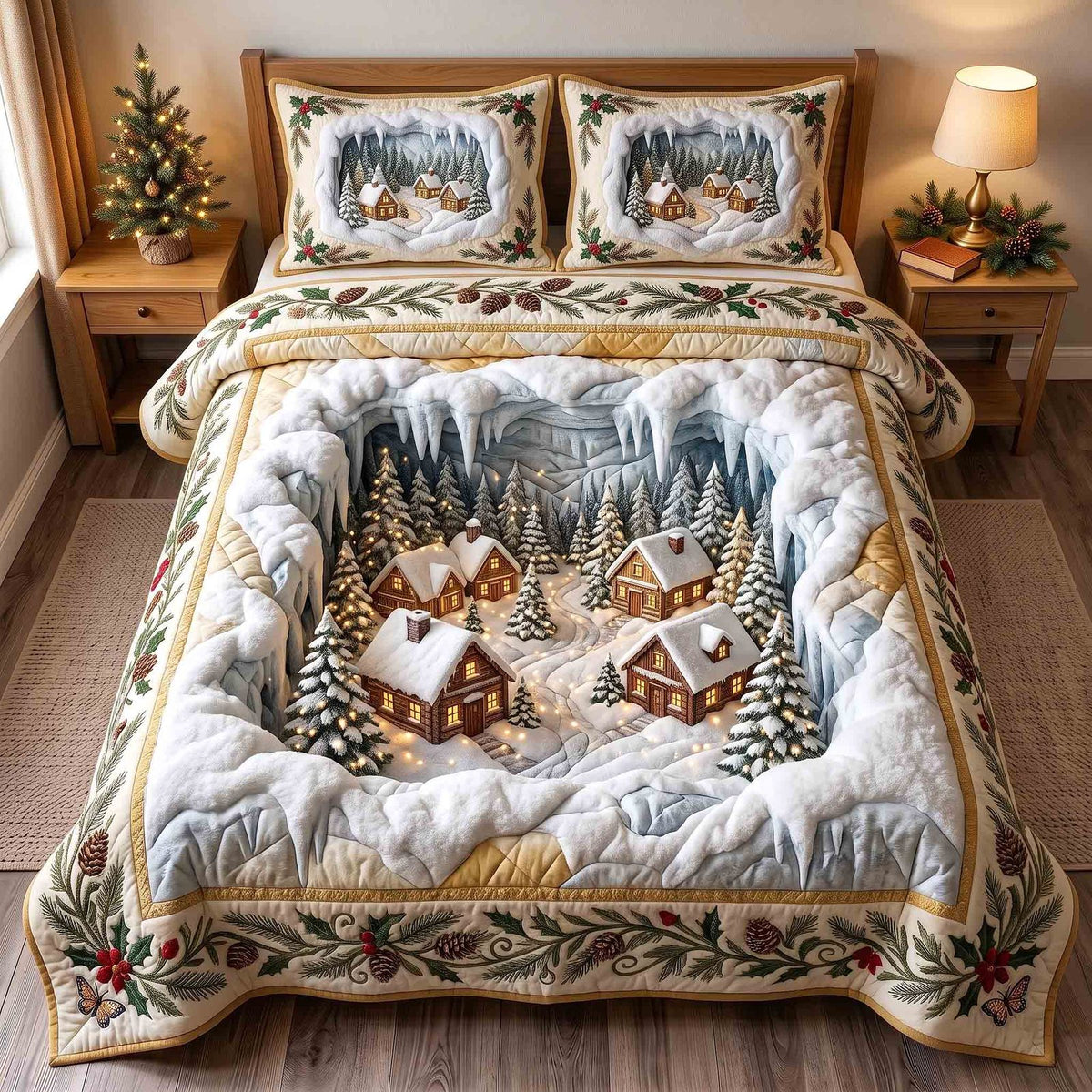 Holiday Village quilted 3-piece bedding set on a made bed in a winter-styled bedroom