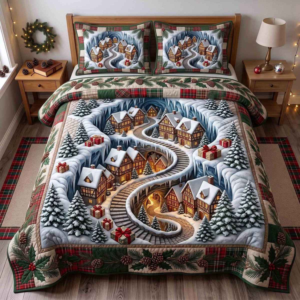 Holiday Village quilted 3-piece bedding set on a made bed in a winter-styled bedroom