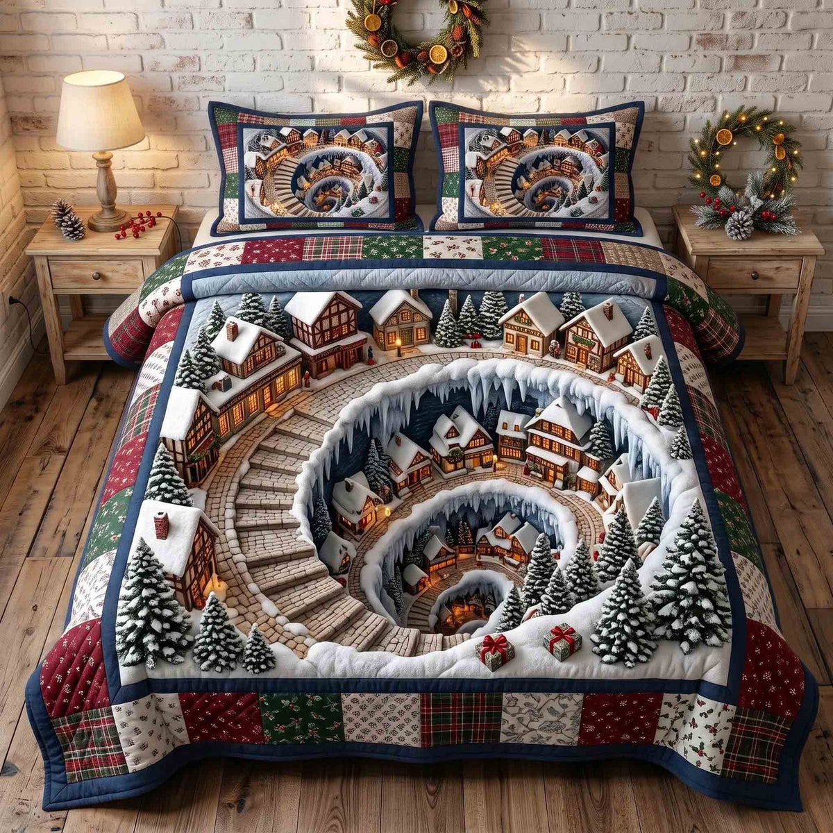 Holiday Village quilted 3-piece bedding set on a made bed in a winter-styled bedroom