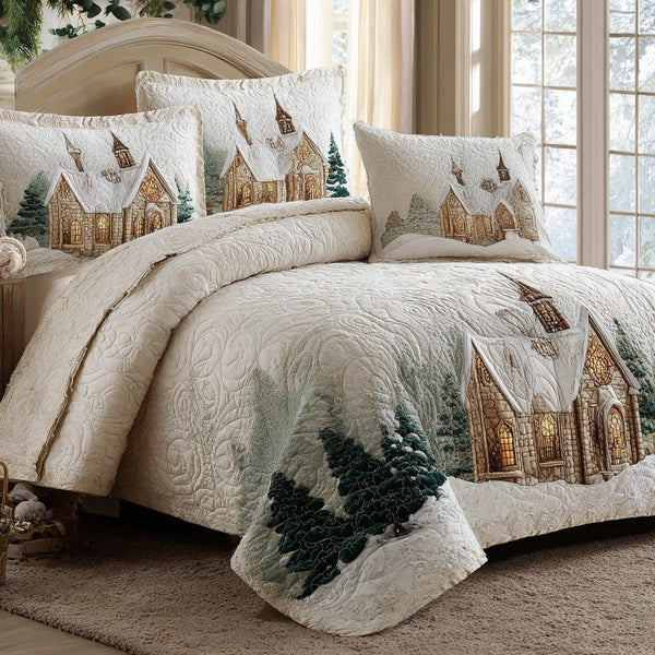 Holiday Village quilted 3-piece bedding set on a made bed in a winter-styled bedroom