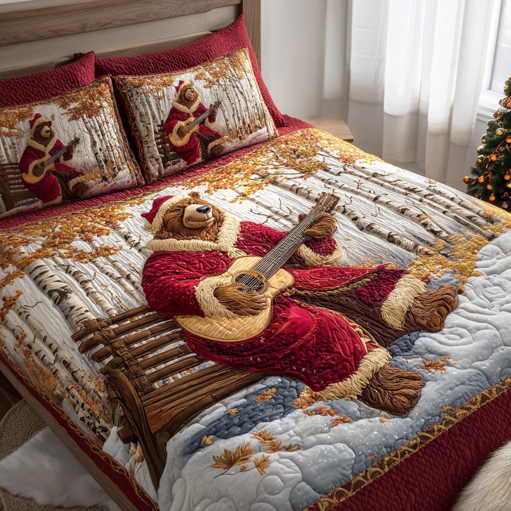 Holly Berry Bear quilted 3-piece bedding set on a made bed with two matching pillow shams