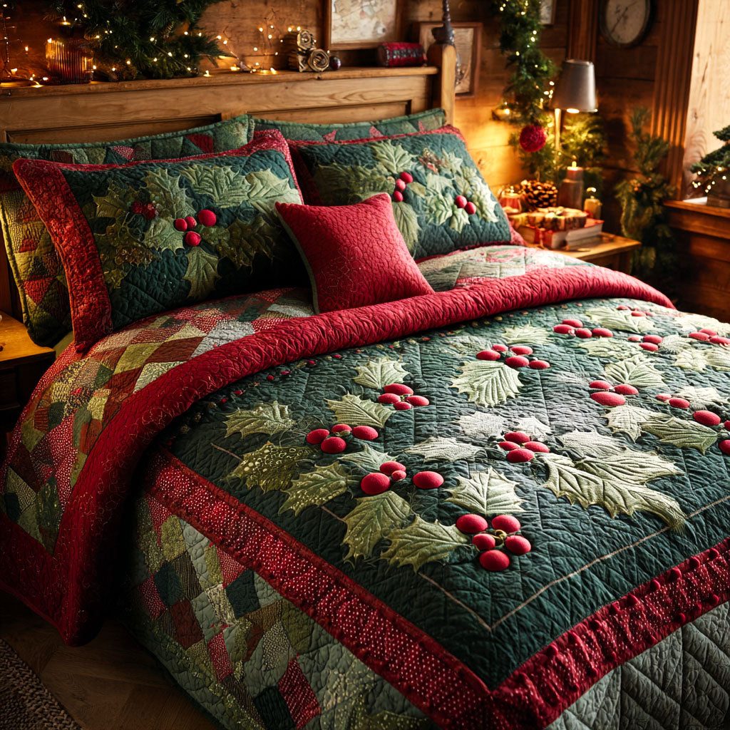 Holly Berry Dreams quilted 3-piece bedding set on a made bed with two matching pillow shams