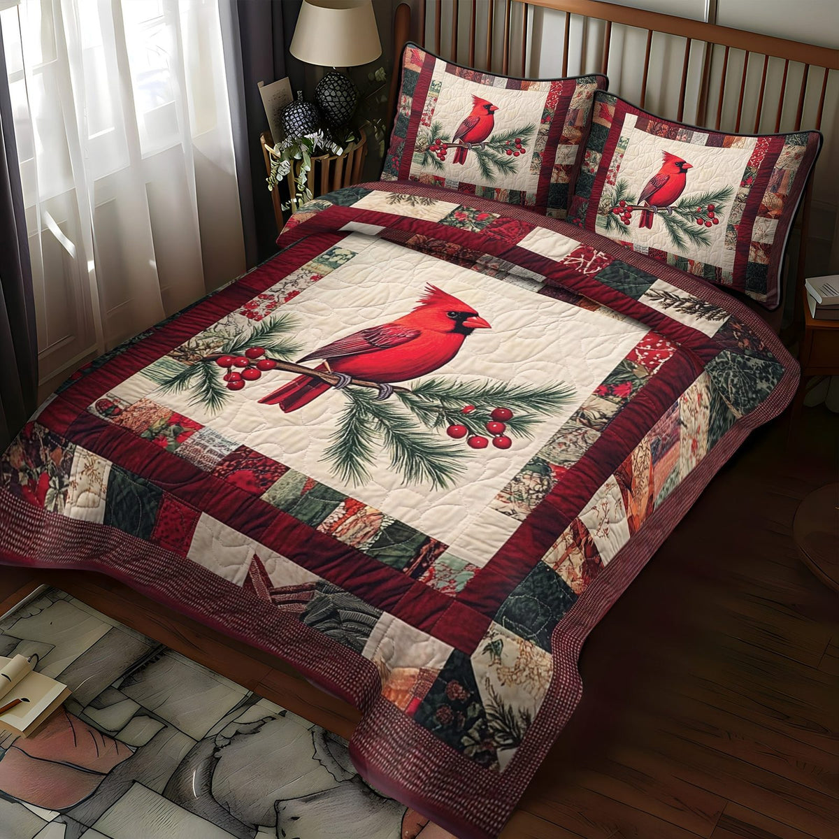 Holly Birds quilted 3-piece bedding set on a made bed with two matching pillow shams