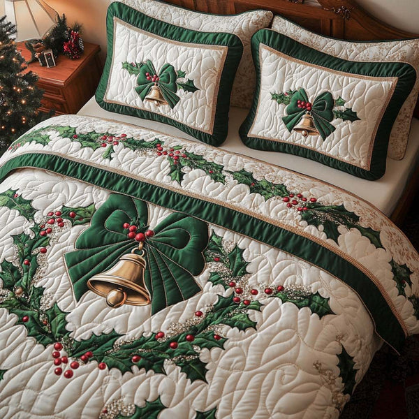 Holly Bow Harmony quilted 3-piece bedding set on a made bed with two matching pillow shams