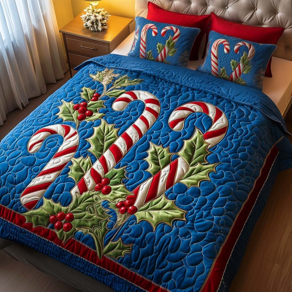 Holly Candy Delight quilted 3-piece bedding set on a made bed with two matching pillow shams