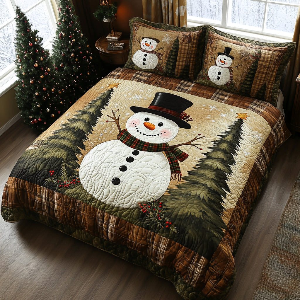Holly Frost quilted 3-piece bedding set on a made bed in a winter-styled bedroom