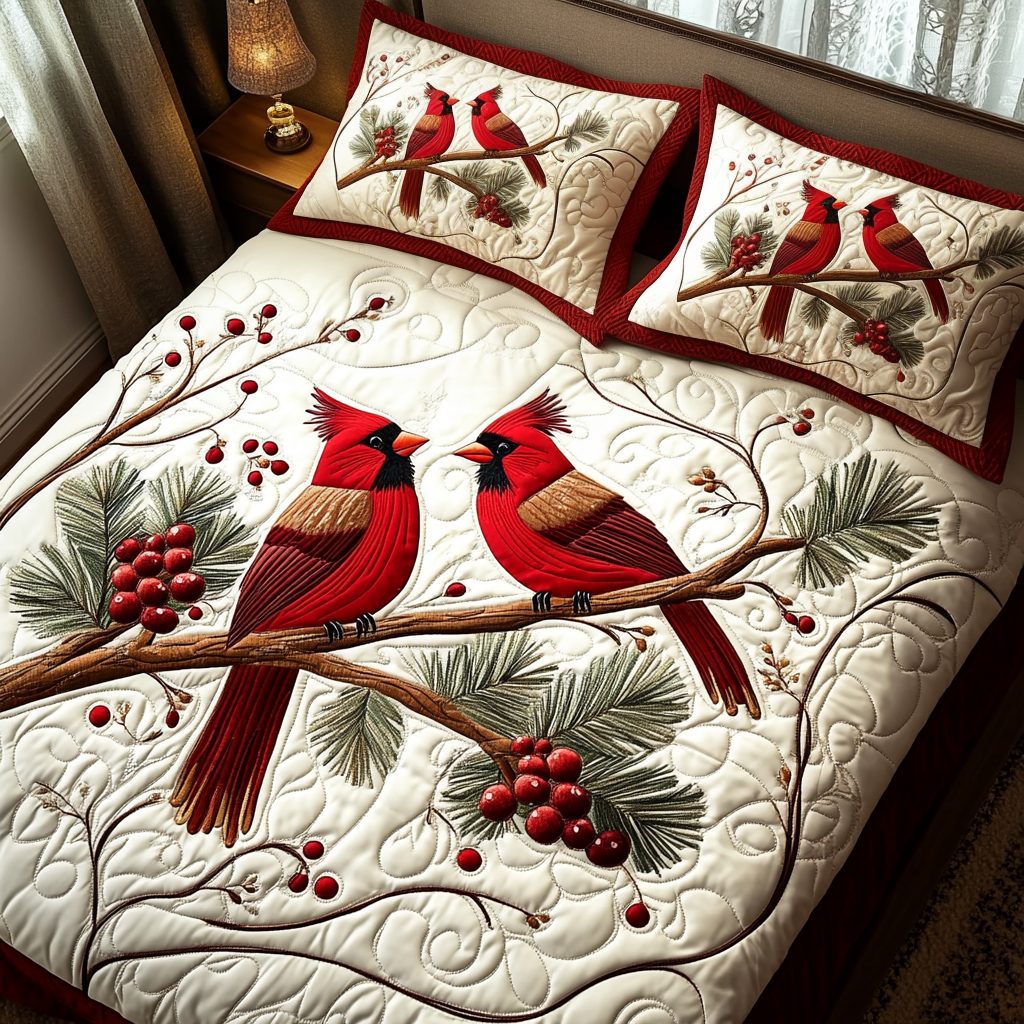 Holly Haven quilted 3-piece bedding set on a made bed with two matching pillow shams