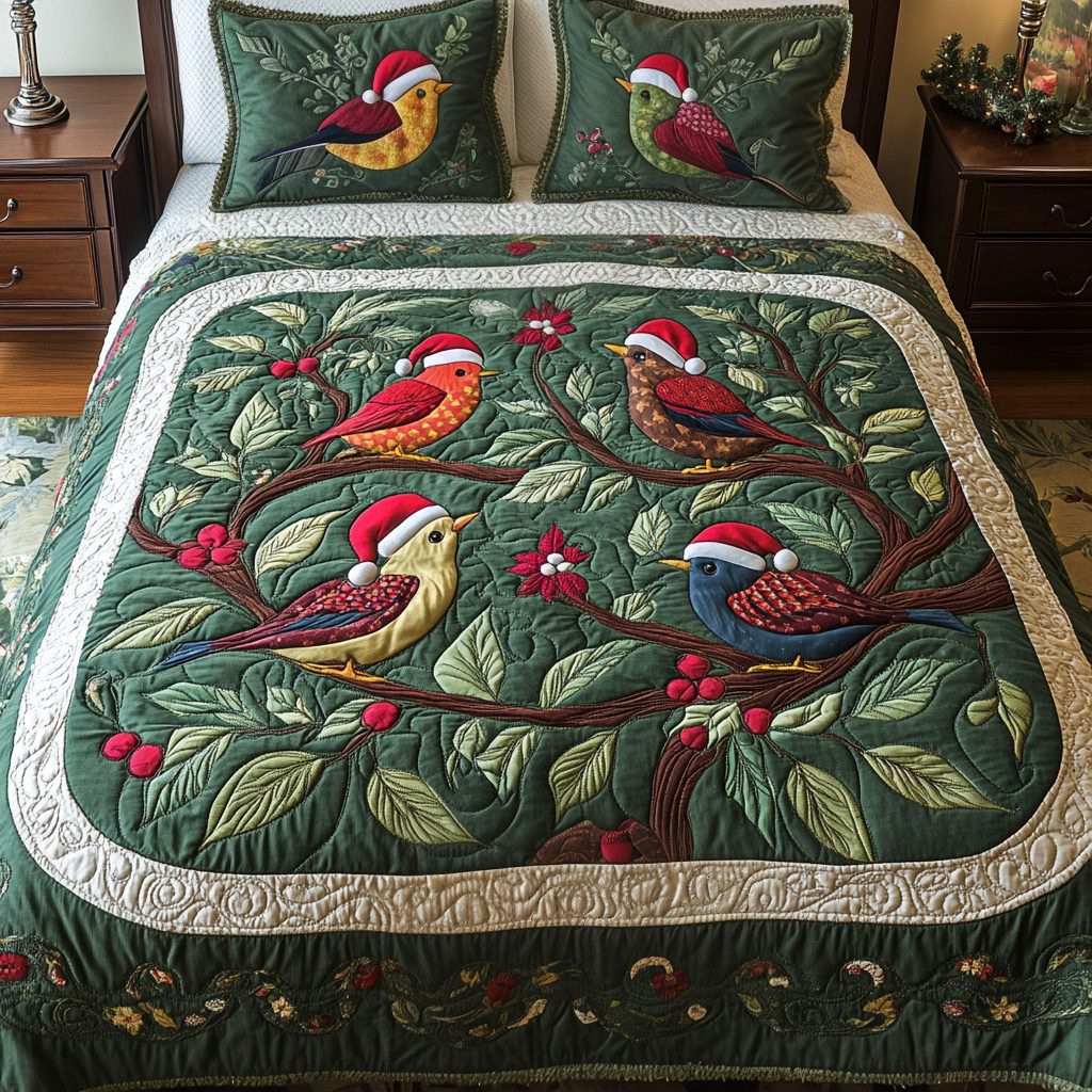 Holly Haven quilted 3-piece bedding set on a made bed with two matching pillow shams