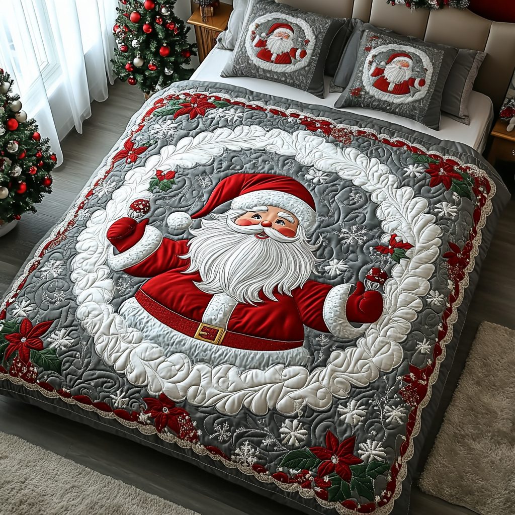 Holly Jolly Night quilted 3-piece bedding set on a made bed with two matching pillow shams