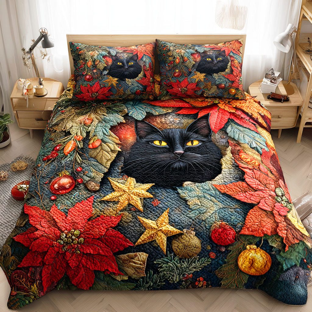 Holly Night Cat quilted 3-piece bedding set on a made bed with two matching pillow shams