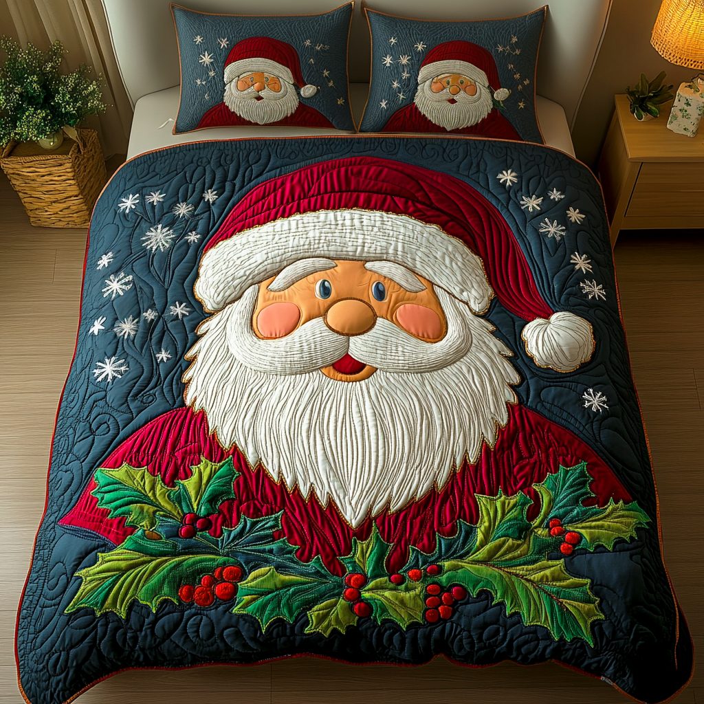 Holly Santa quilted 3-piece bedding set on a made bed in a winter-styled bedroom