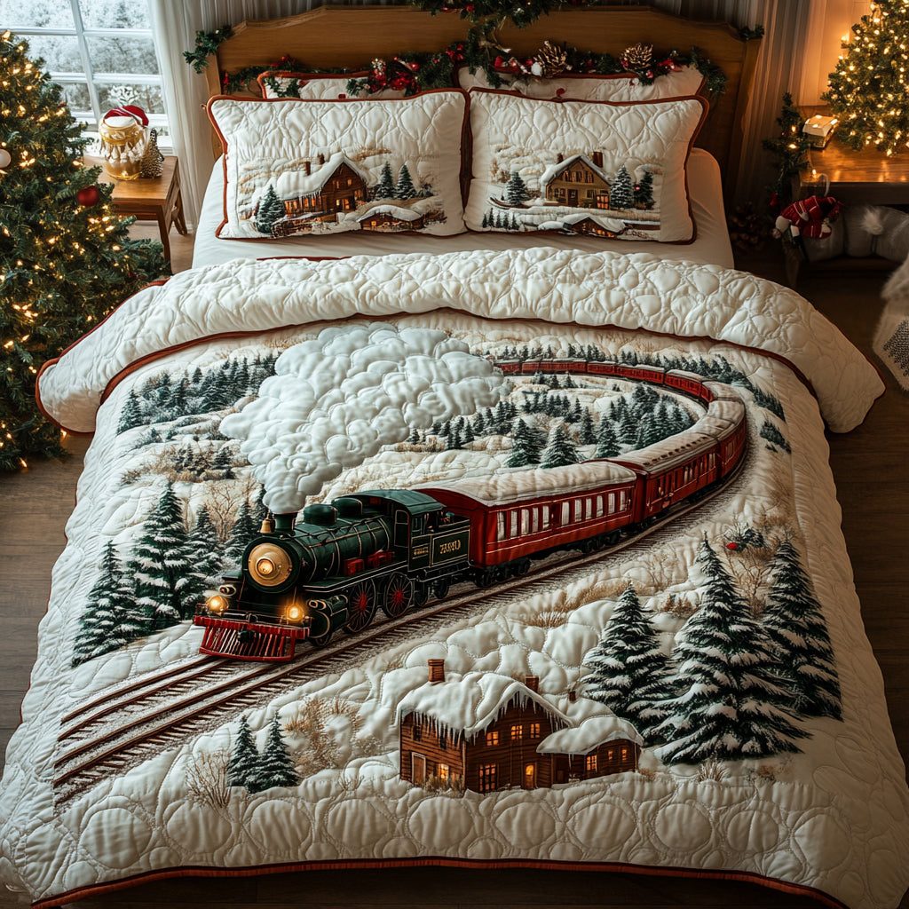 Holly Steamline quilted 3-piece bedding set on a made bed with two matching pillow shams