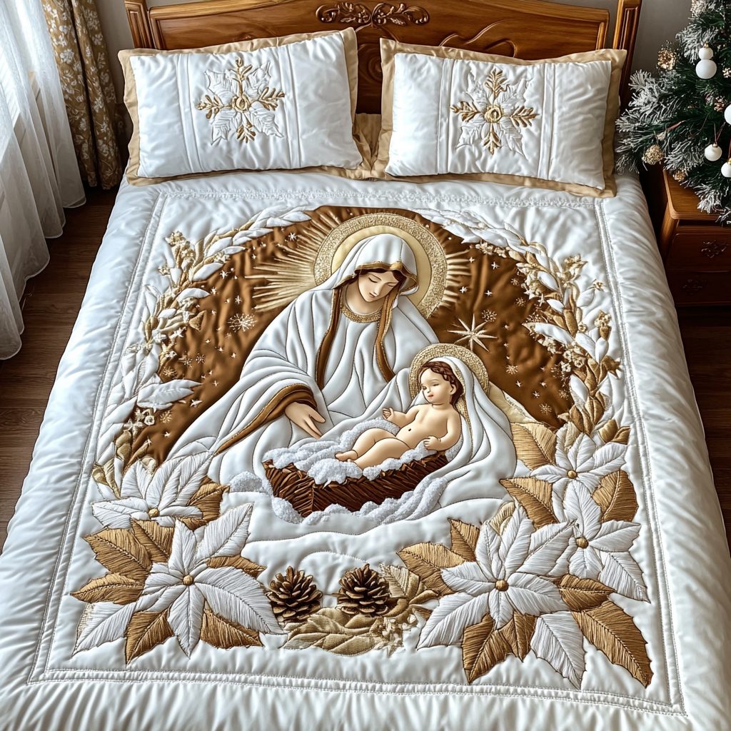 Holy and Gold quilted 3-piece bedding set on a made bed in a softly lit bedroom