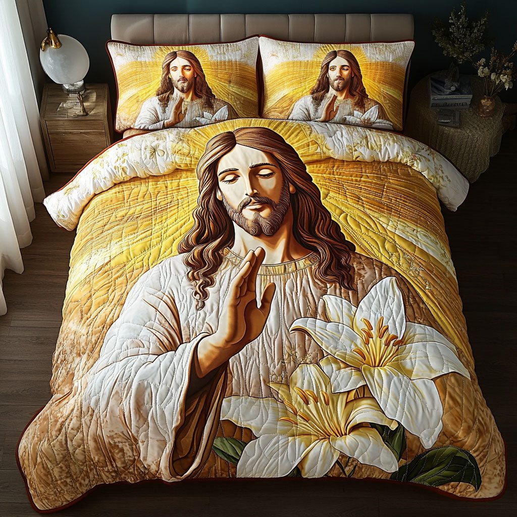 Holy Blessings quilted 3-piece bedding set on a made bed in a softly lit bedroom