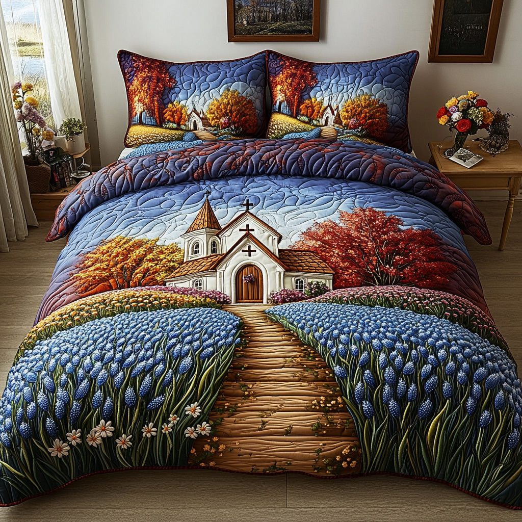 Holy Blossoms quilted 3-piece bedding set on a made bed in a softly lit bedroom
