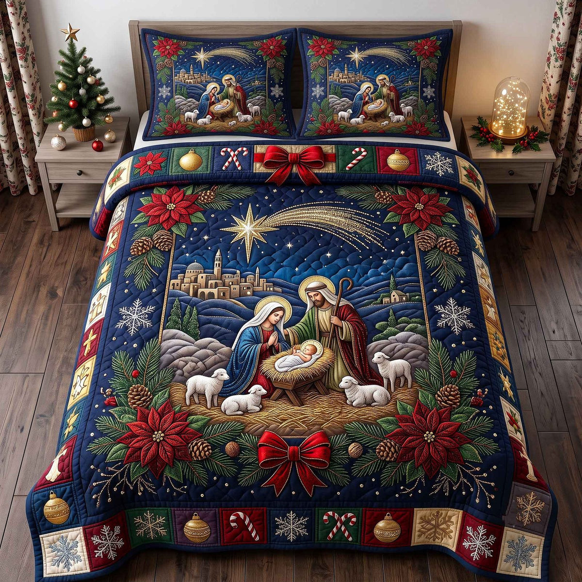 Holy Nativity quilted 3-piece bedding set on a made bed in a winter-styled bedroom