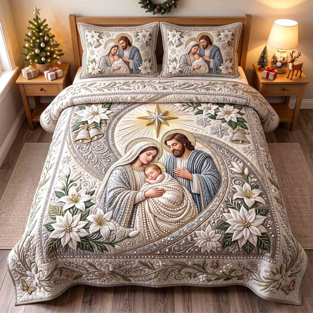 Holy Nativity quilted 3-piece bedding set on a made bed in a winter-styled bedroom