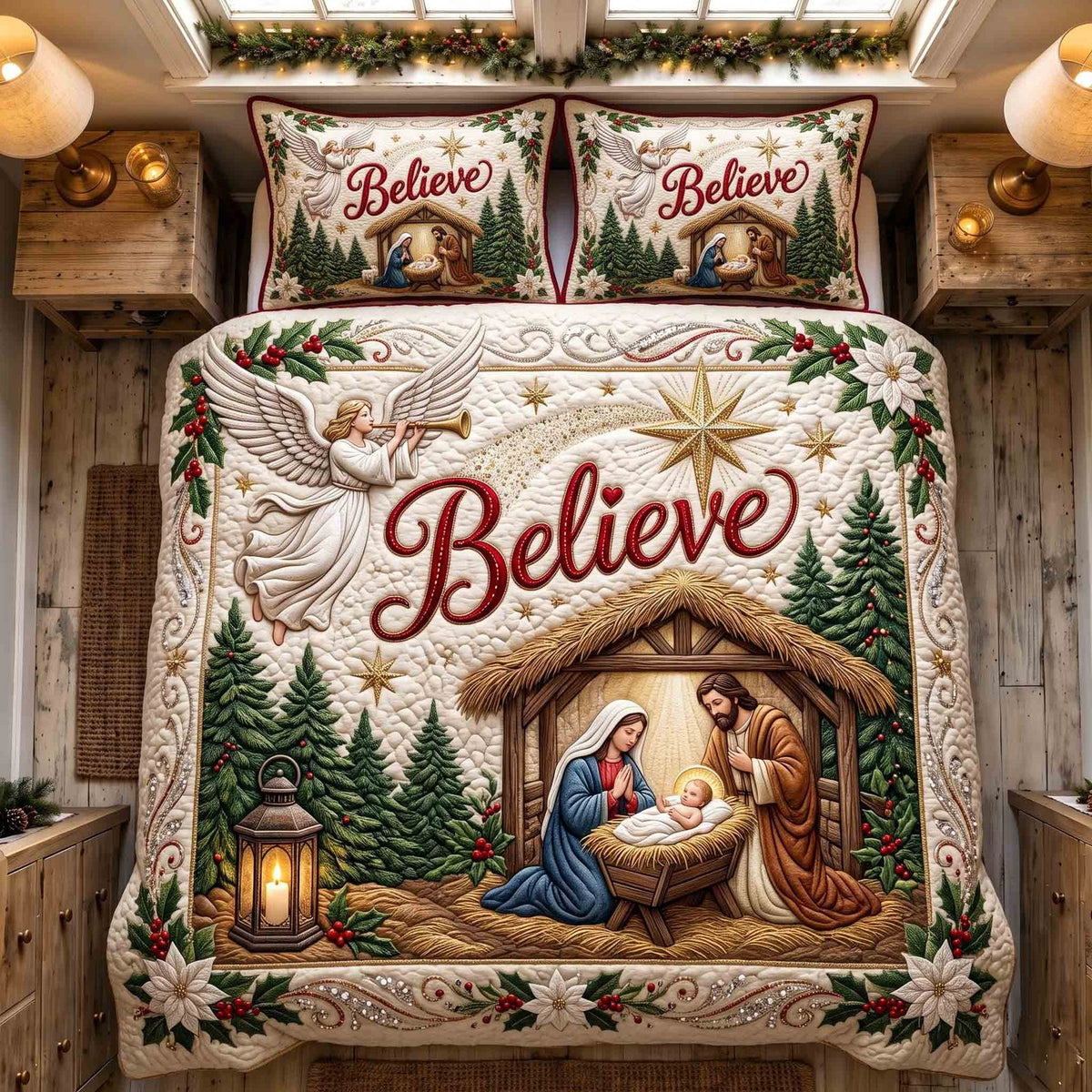 Holy Nativity quilted 3-piece bedding set on a made bed in a winter-styled bedroom