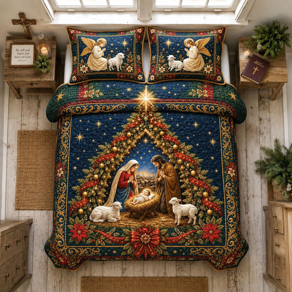 Holy Night Nativity quilted 3-piece bedding set on a made bed in a winter-styled bedroom