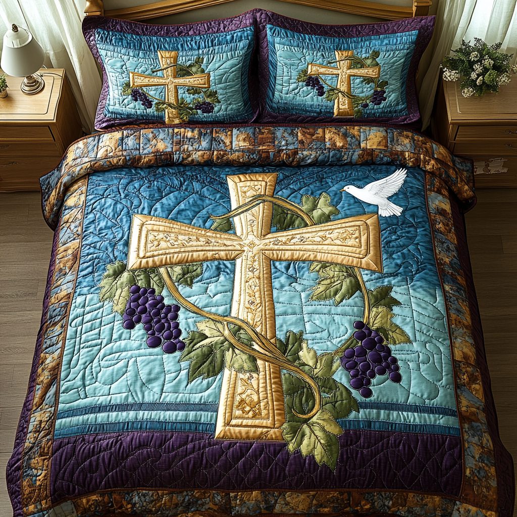 Holy Serenity quilted 3-piece bedding set on a made bed in a softly lit bedroom