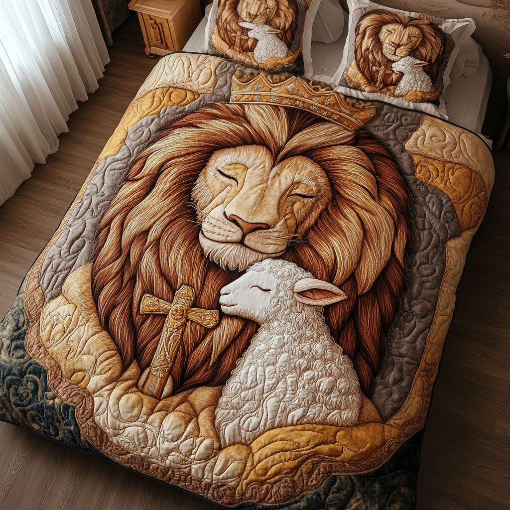 Holy Serenity quilted 3-piece bedding set on a made bed in a softly lit bedroom