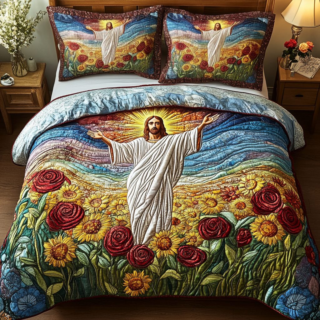 Holy Sunrise quilted 3-piece bedding set on a made bed in a softly lit bedroom