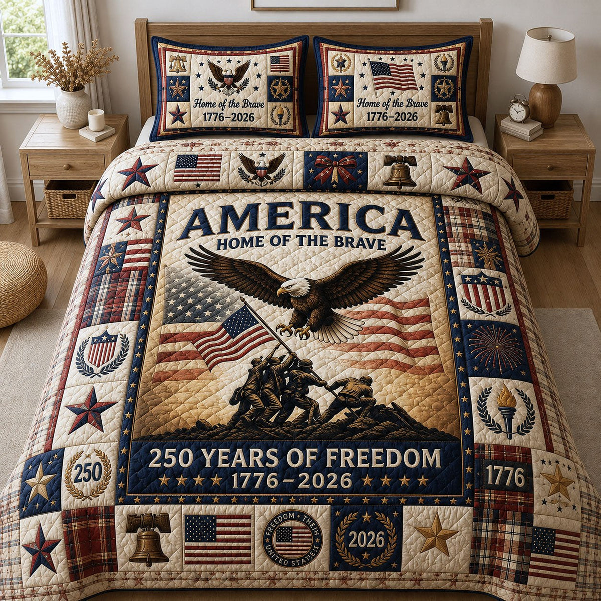 Home Of The Brave quilted 3-piece bedding set on a made bed with two matching pillow shams