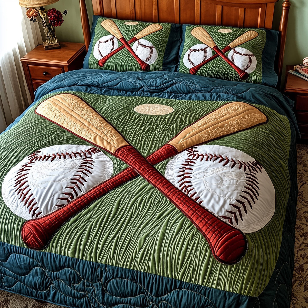 Home Run quilted 3-piece bedding set on a made bed with two matching pillow shams