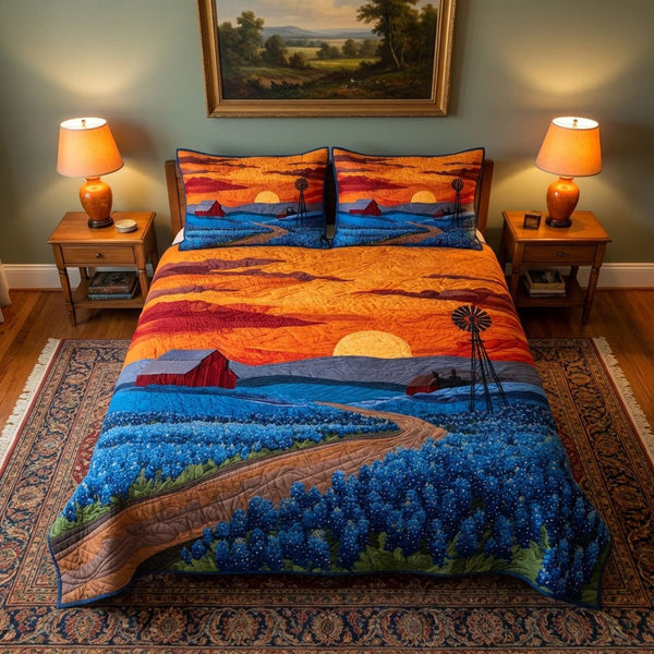 Homestead Glory quilted 3-piece bedding set on a made bed in a rustic timber bedroom