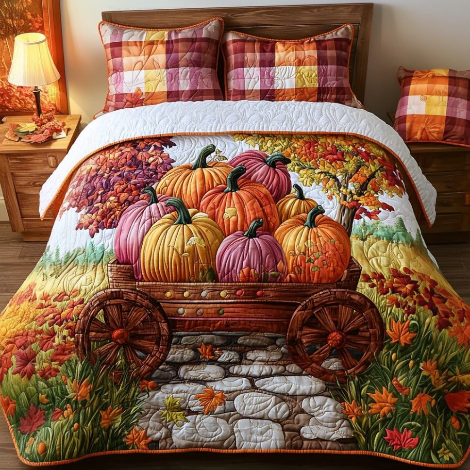 Homestead Harvest quilted 3-piece bedding set on a made bed in a rustic timber bedroom