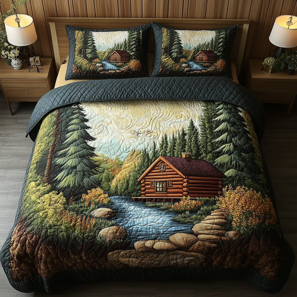 Homestead Hills quilted 3-piece bedding set on a made bed in a rustic timber bedroom